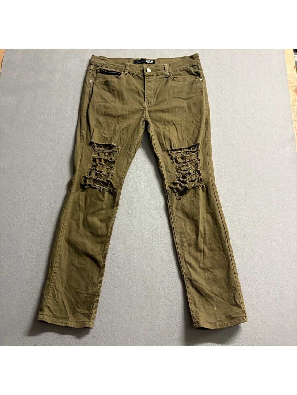 Rustic Dime Mens 34 Olive Green Distressed Taper Fit Jeans Made in USA Stretch
